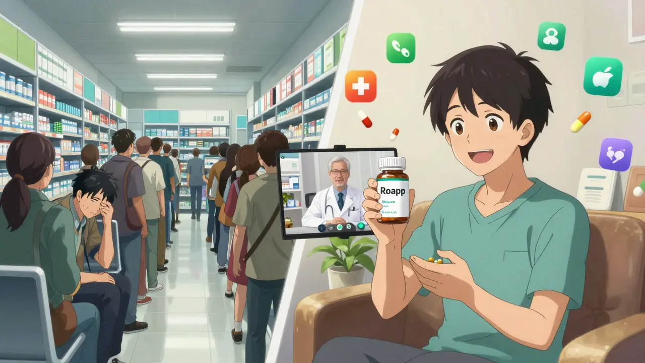 Split scene comparing a crowded pharmacy wait to a peaceful telehealth consultation at home.