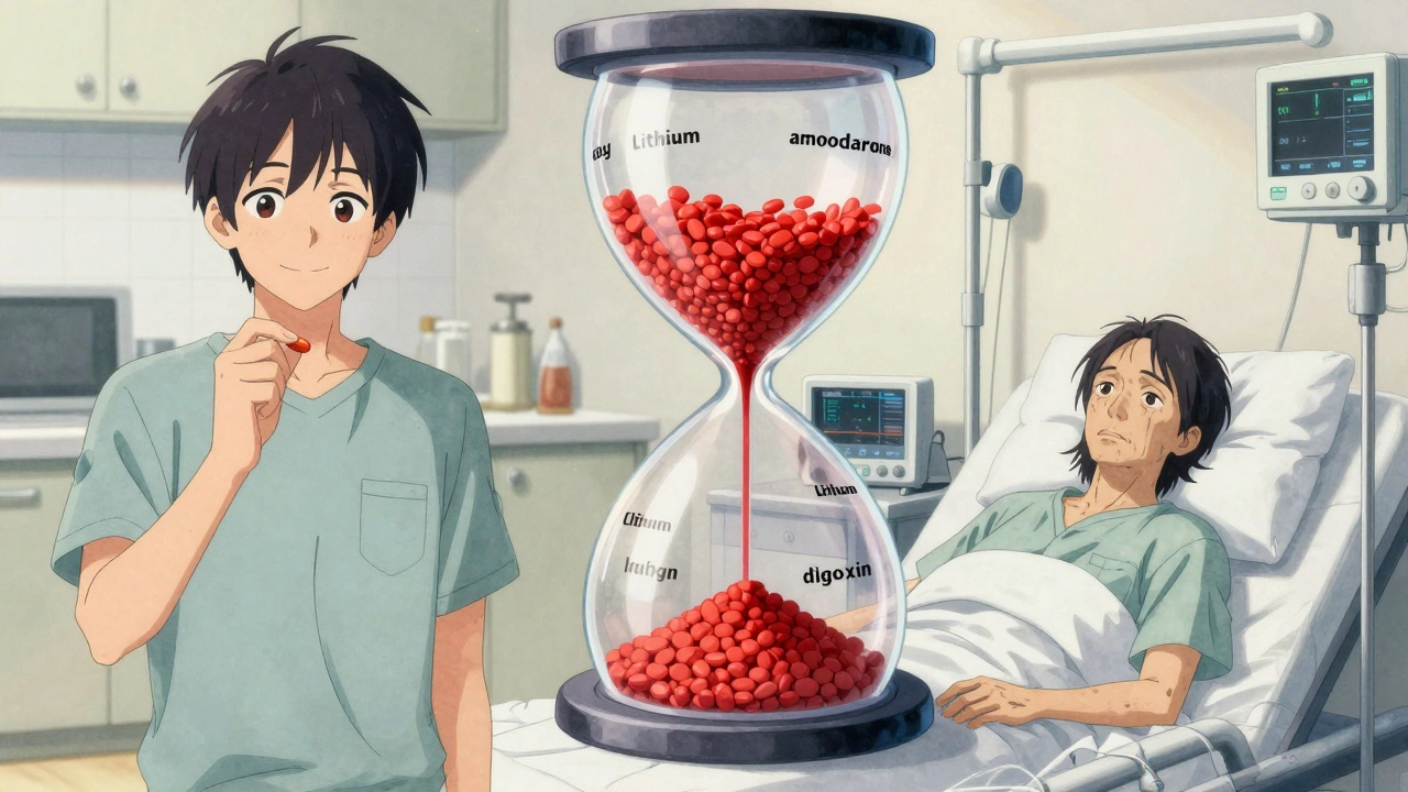 Split scene of a person taking pills daily versus years later with health decline, surrounded by floating drug doses.