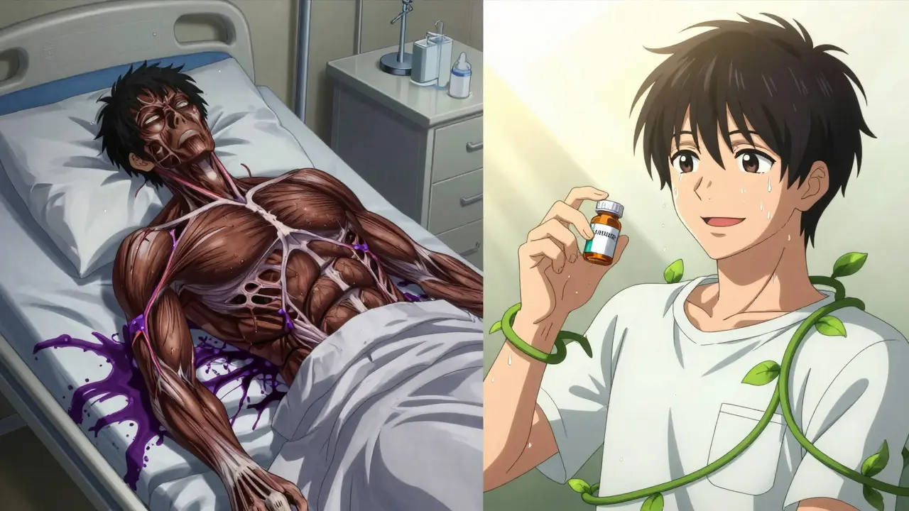 Split scene: one side shows a patient collapsing from toxic drug interaction, the other shows the same patient safely taking azithromycin under sunlight.