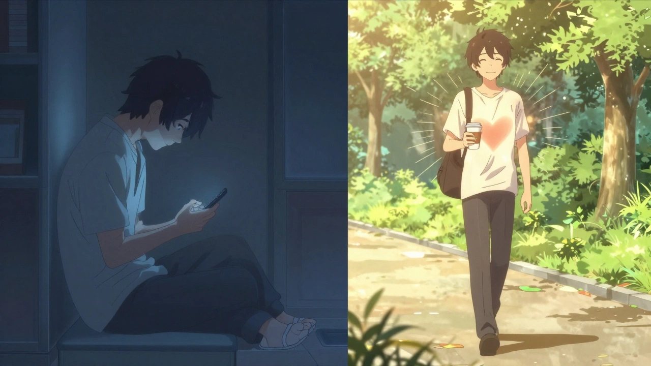 Split scene: one side shows isolation in a dim room, the other shows hope in a sunlit park.