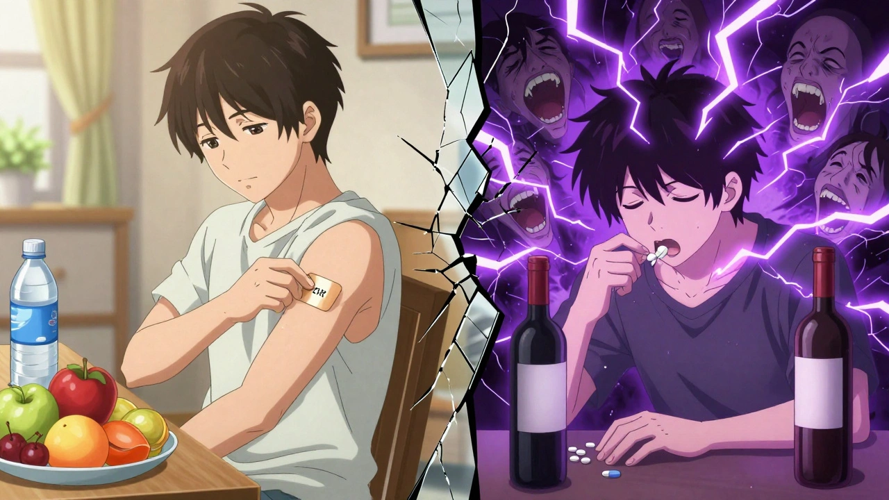 Split scene: safe MAOI use on left, dangerous interaction causing violent energy storm on right.