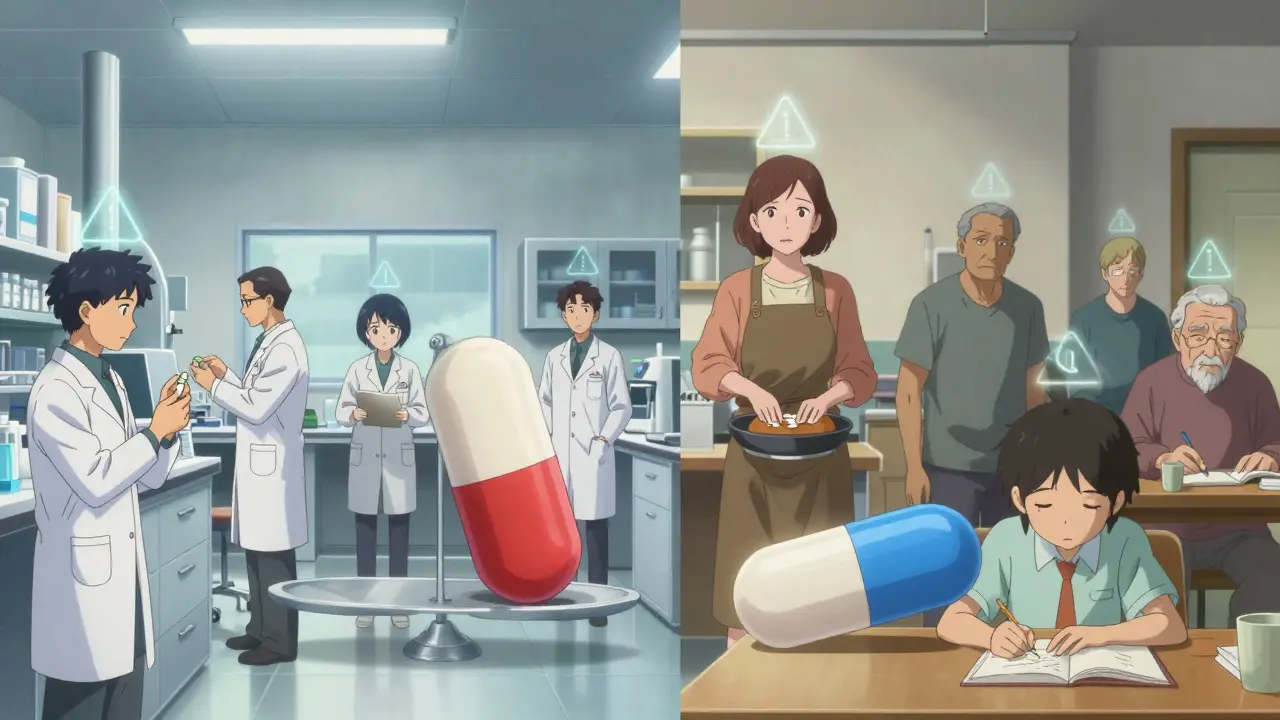Split scene: sterile FDA lab vs. real patients with warning symbols, showing the gap between drug testing and real-world effects.