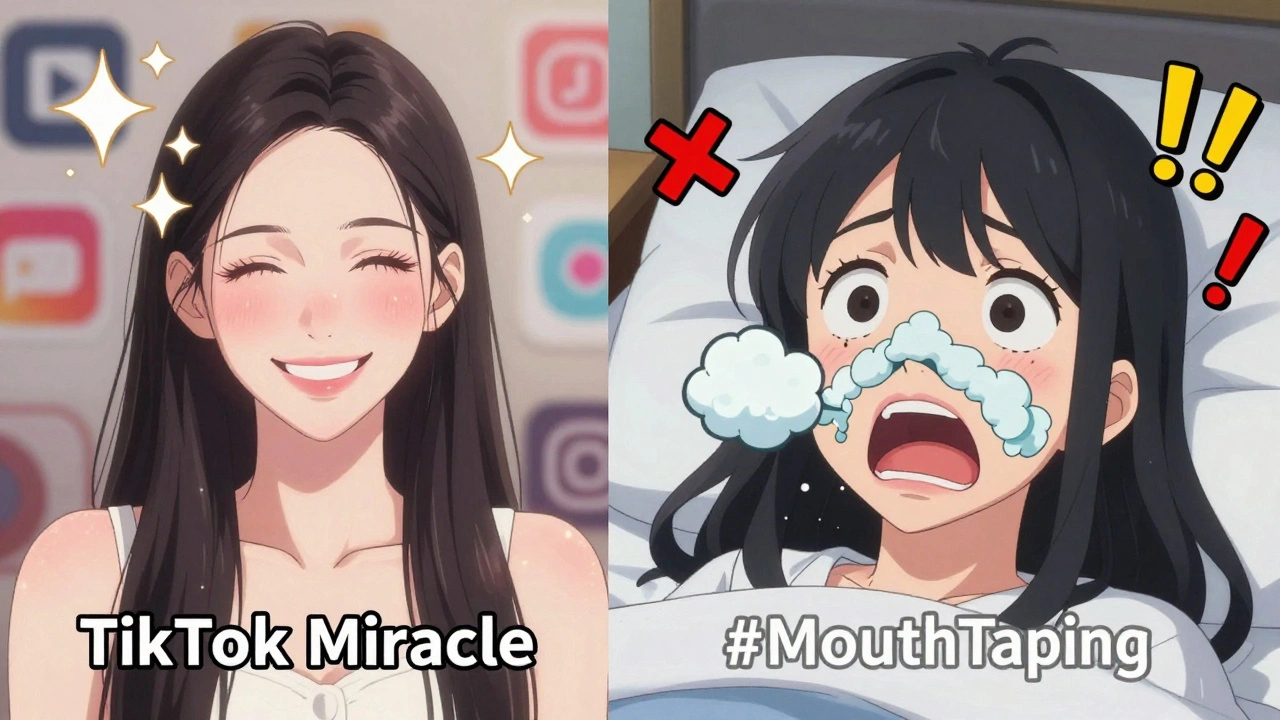 Split-screen: influencer on one side, person gasping for air on the other, with medical warning symbols.