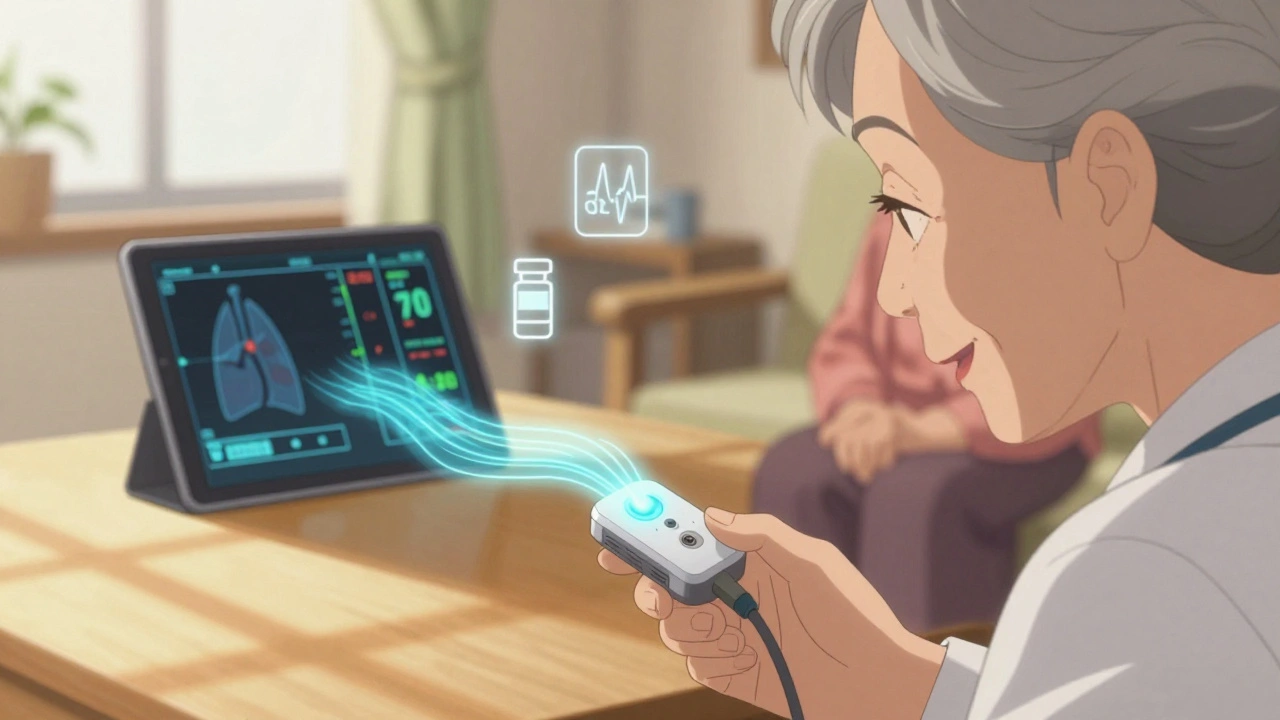 Tiny sensor in pulmonary artery sending wireless data to a tablet, elderly woman smiling in her sunlit living room.