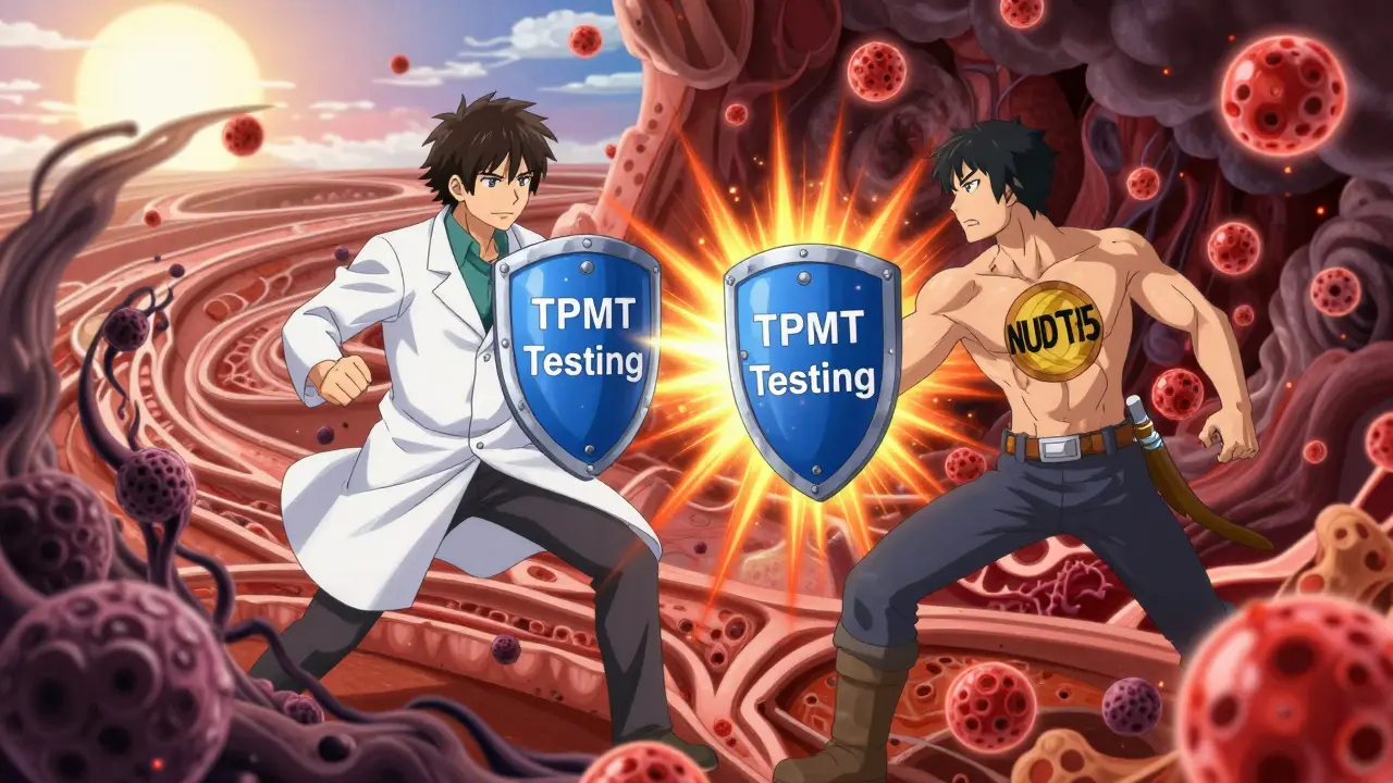 Warrior defending bone marrow from toxic overload in a symbolic anime-style body battle.