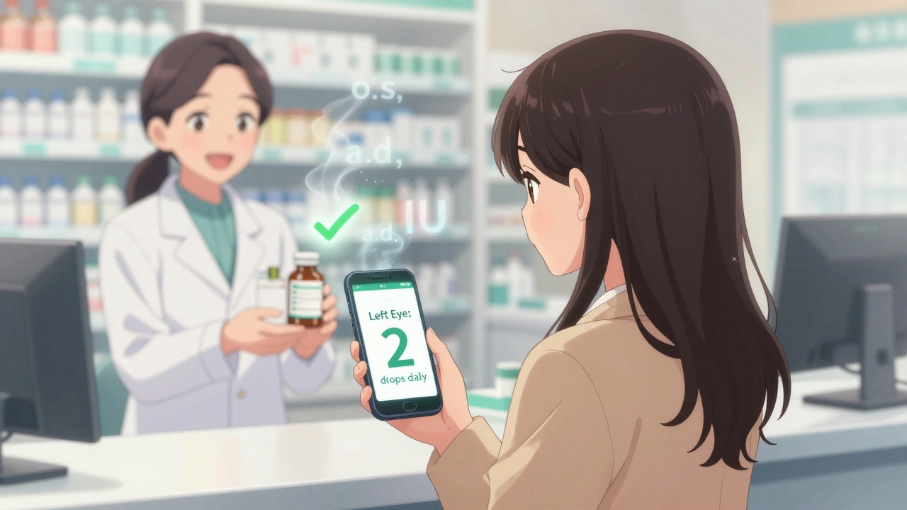 Woman at pharmacy counter with phone showing clear eye drop instructions, fading Latin abbreviations behind her.