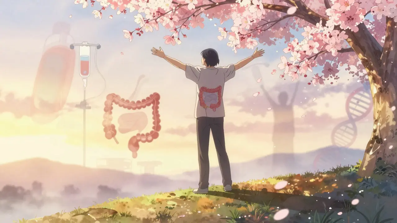 A cancer survivor on a hill at dawn, surrounded by blossoms, their shadow shaped like a healthy colon.