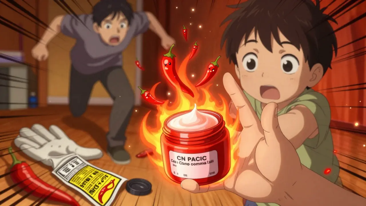 A child reaches for capsaicin cream as fiery chili spirits emerge, with warning labels scattered around.