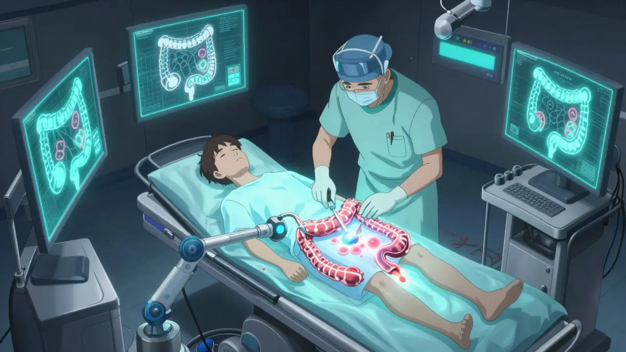 A colonoscopy procedure shown with glowing holographic visuals of the colon and robotic tools removing polyps.