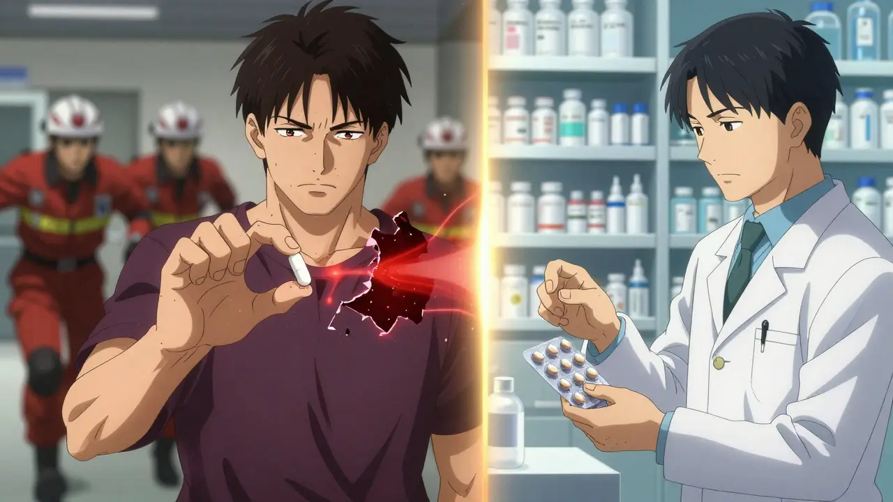 A dangerous pill split causing medical emergency contrasted with safe pharmacy advice.