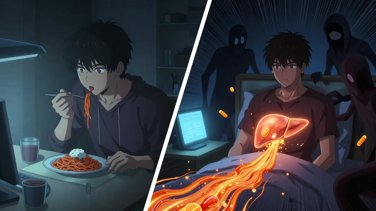A liver releases glucose into the bloodstream at night while insulin fails to respond, illustrated in anime style.