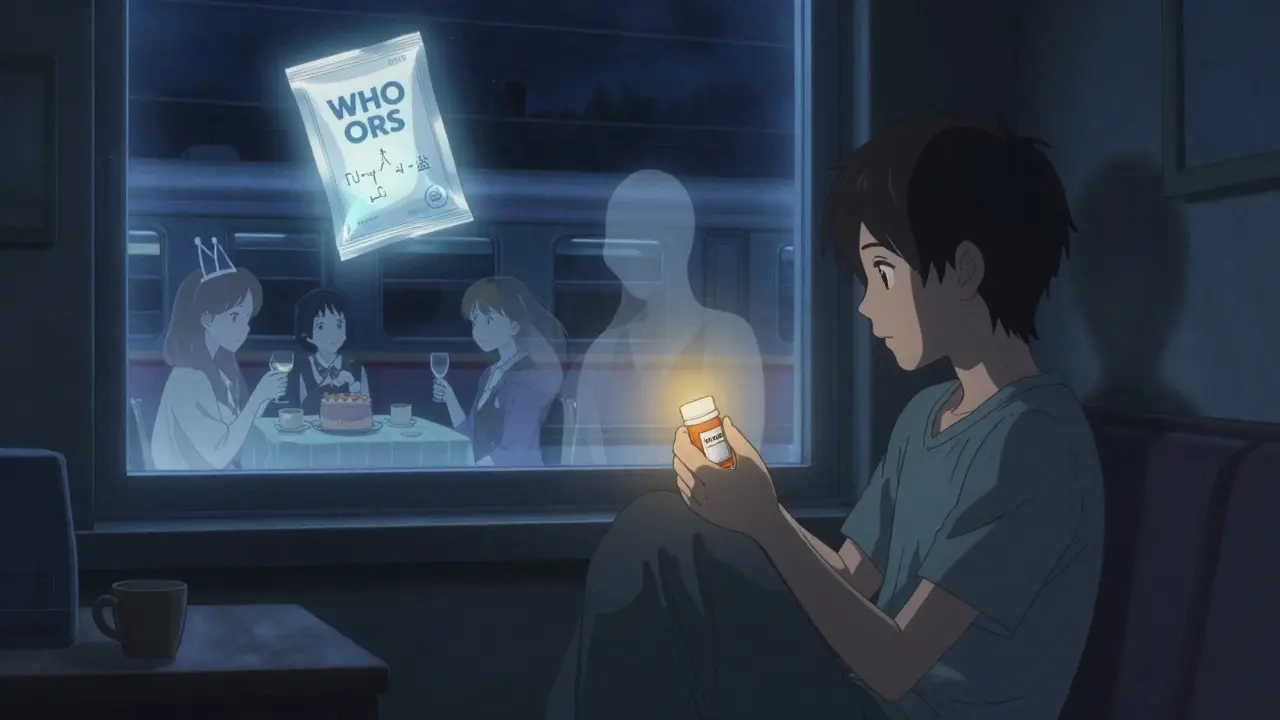 A lonely figure at night holding a pill bottle, surrounded by fading social memories, with a glowing ORS packet floating nearby.