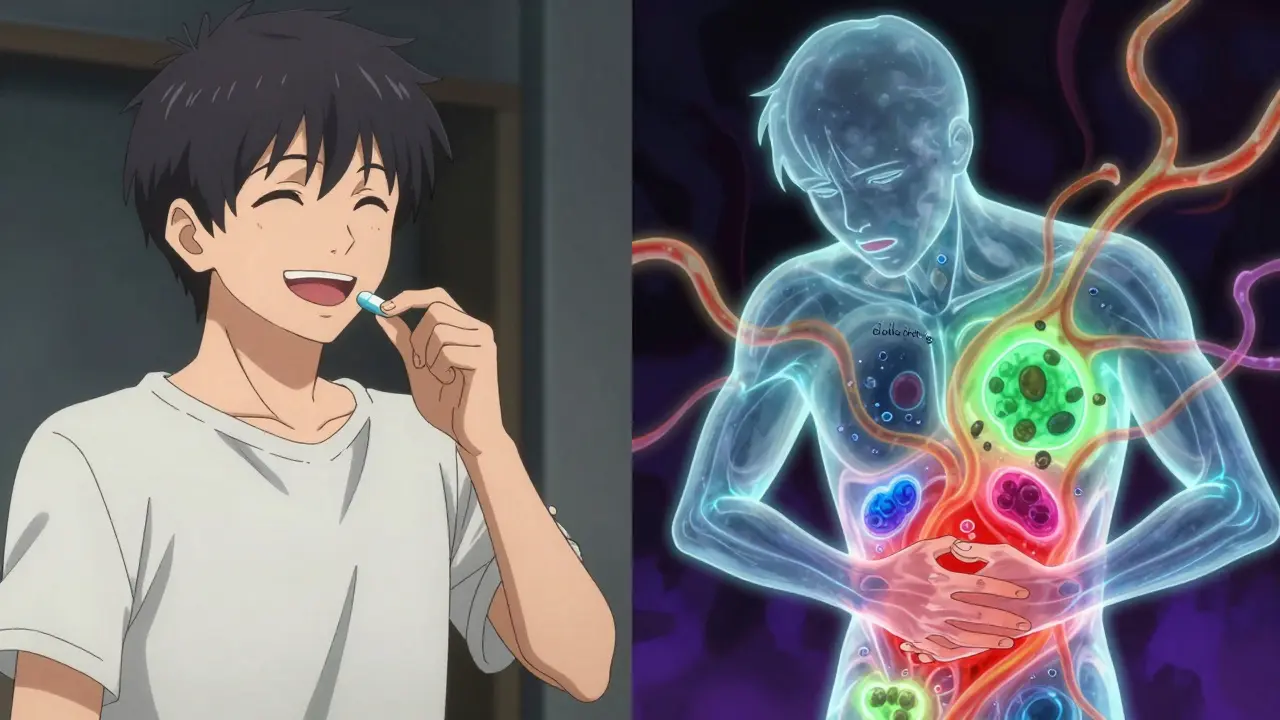 A person experiencing side effects from a generic pill, with allergens glowing inside their body.