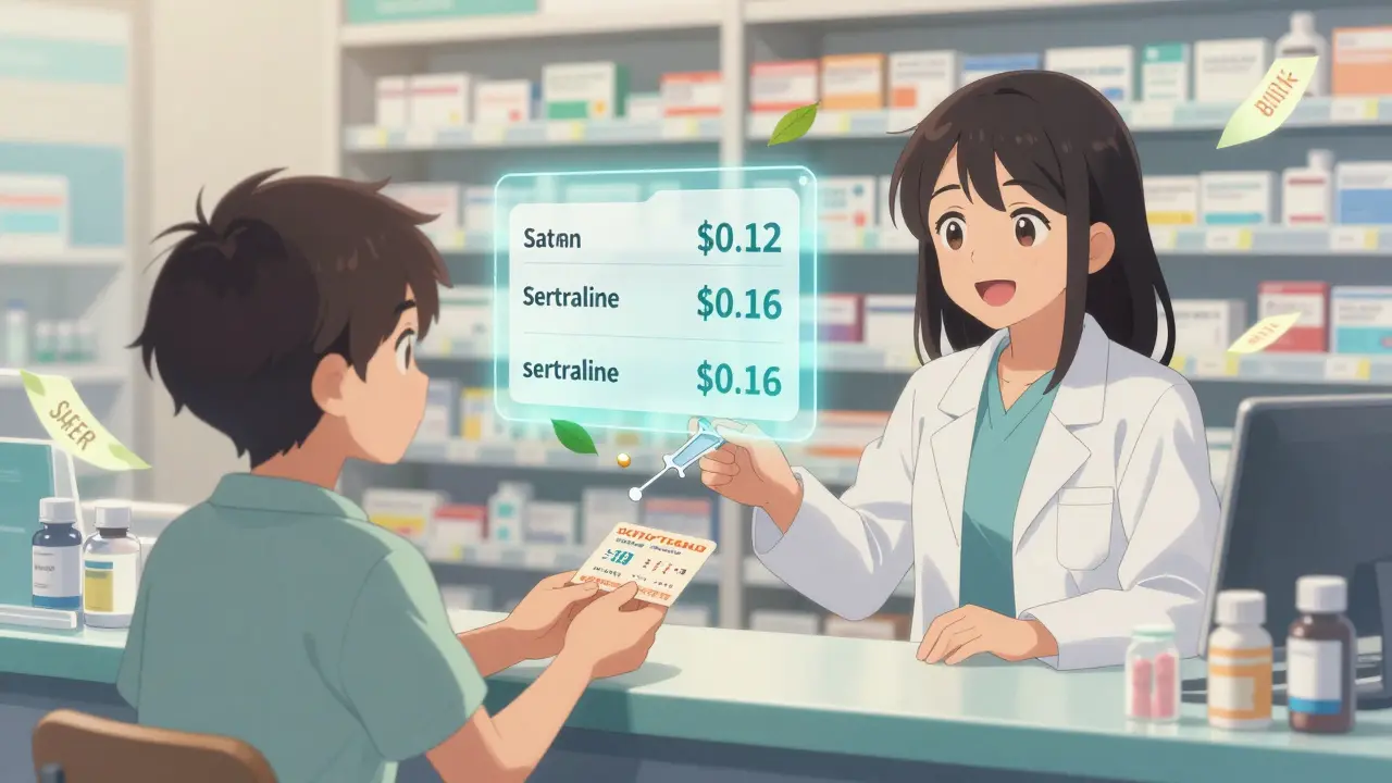 A pharmacist handing a patient a pill splitter and discount card at a pharmacy.
