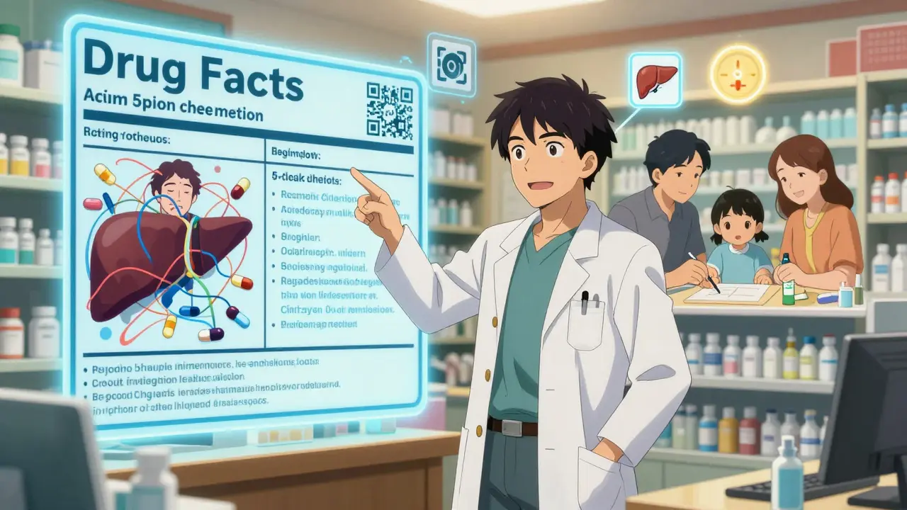 A pharmacist pointing to a holographic Drug Facts Label while contrasting scenes of overdose and safe usage appear on either side.