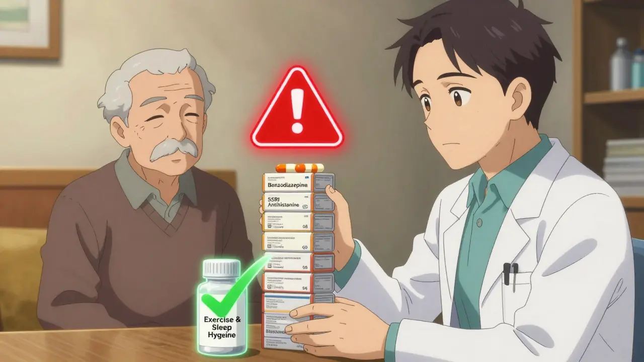 A pharmacist reviewing medications with an elderly man, warning icons above risky drugs.
