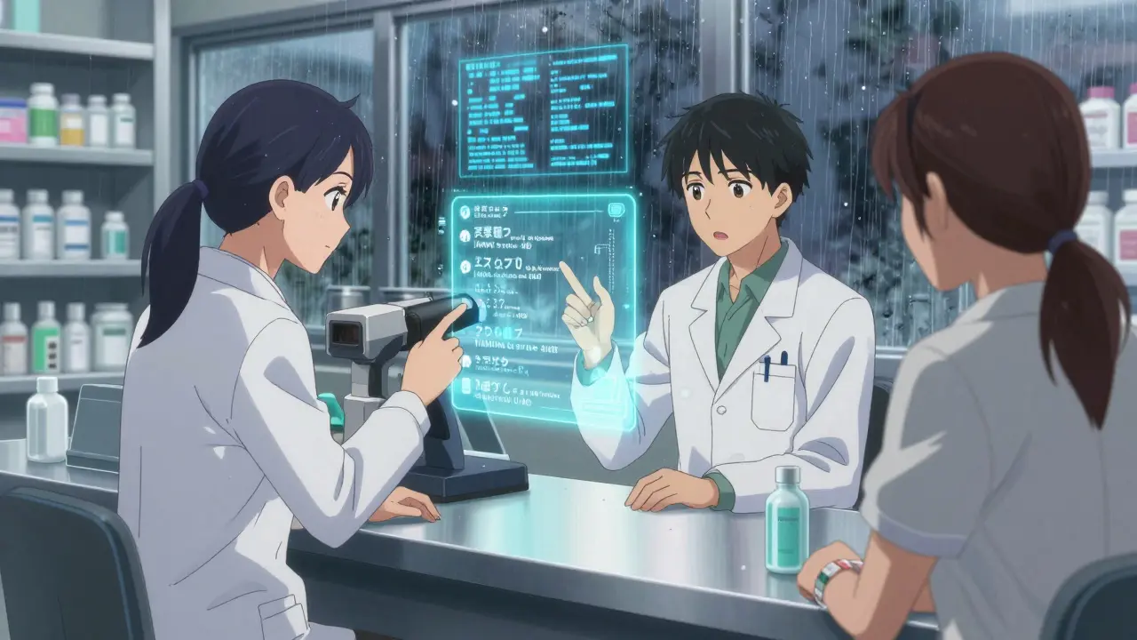 A pharmacist using a hologram to analyze a pill's inactive ingredients in a modern pharmacy.