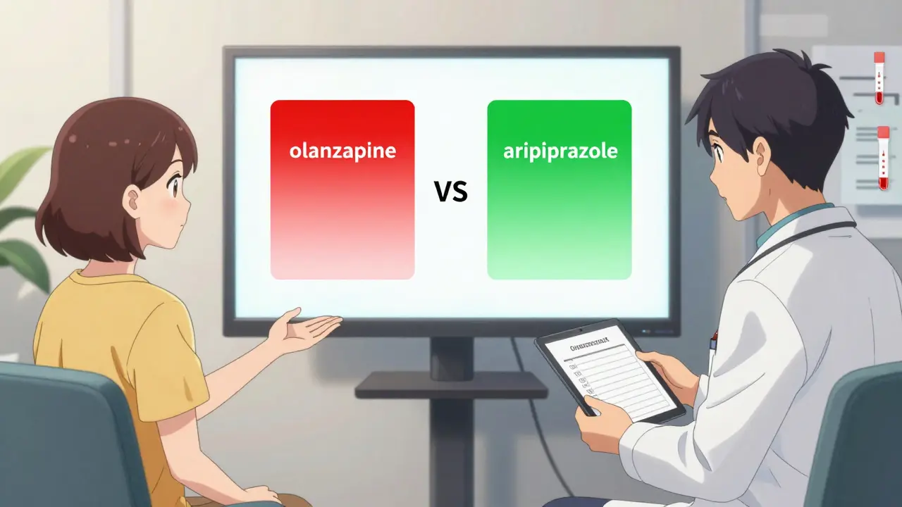 A psychiatrist and patient review metabolic risk comparisons between antipsychotic drugs in a clinic.