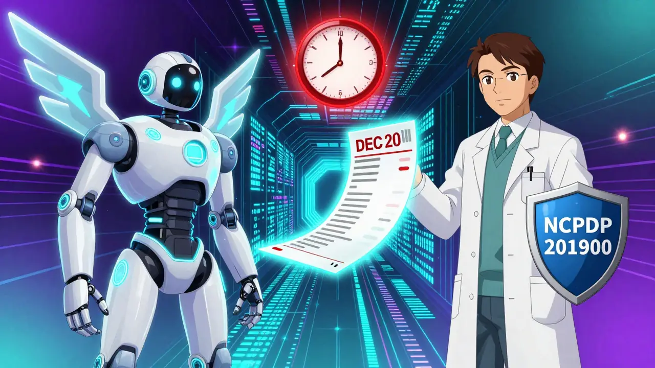 A stylized battle between Amazon and CVS pharmacy avatars with a prescription moving through encrypted data streams.