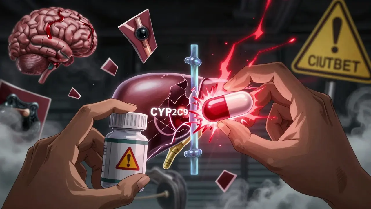 A warfarin pill and cranberry capsule with a glowing red energy pulse disrupting a liver enzyme, symbolizing dangerous interaction.