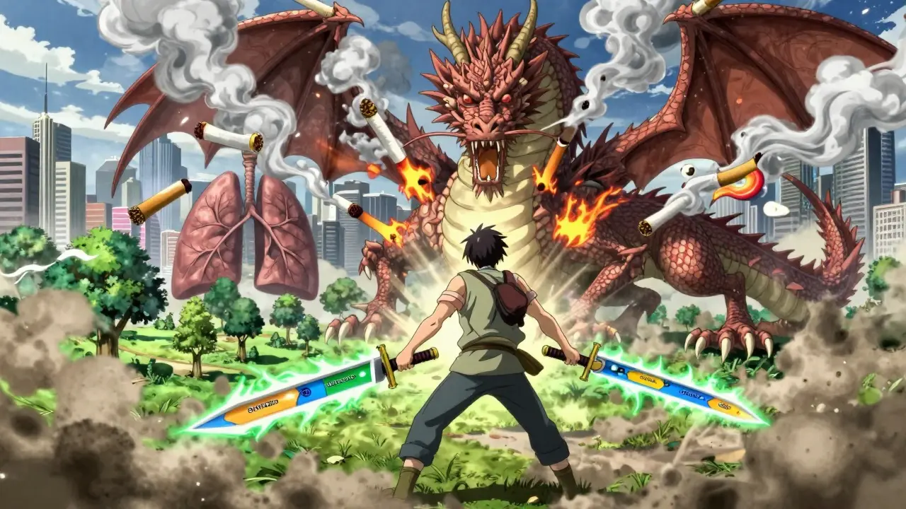 A warrior battles a smoke dragon with patch and varenicline blades as a healthier city grows behind them.