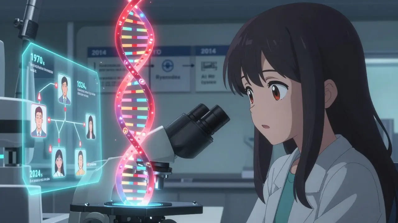 A young woman watching a holographic genetic family tree with crimson markers indicating malignant hyperthermia mutations.