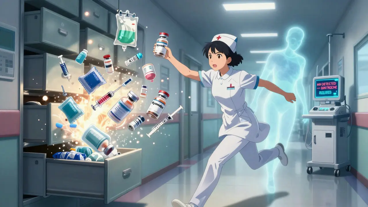 An emergency cart exploding with dantrolene vials and medical supplies as a nurse sprints through a hospital corridor.