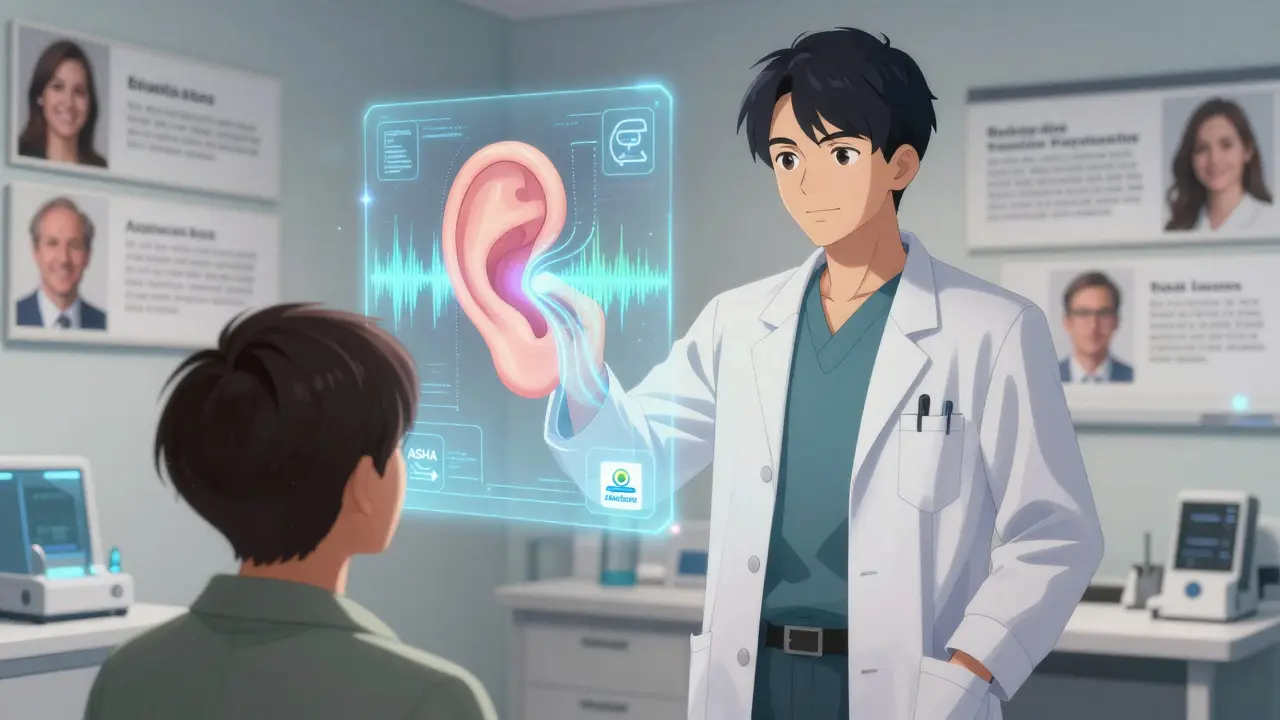Audiologist and patient beside a holographic 3D ear canal with glowing sound pressure ribbons and medical logos.