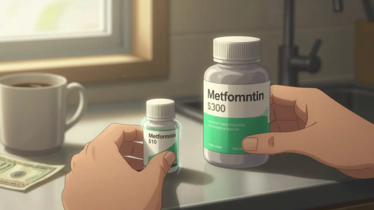 Cheaper metformin pill beside expensive Jardiance bottle on a kitchen counter.