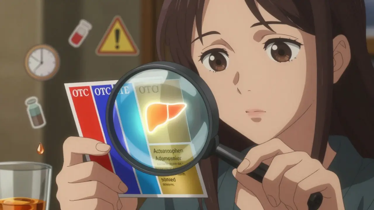 Close-up of hands reading an OTC label with color-coded sections and a liver icon glowing beside acetaminophen, under a magnifying glass.