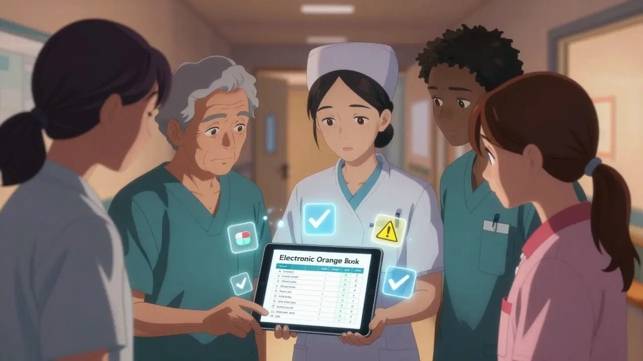 Diverse group of people viewing FDA Orange Book on a tablet, AB ratings glowing on screen, medical icons floating around them.