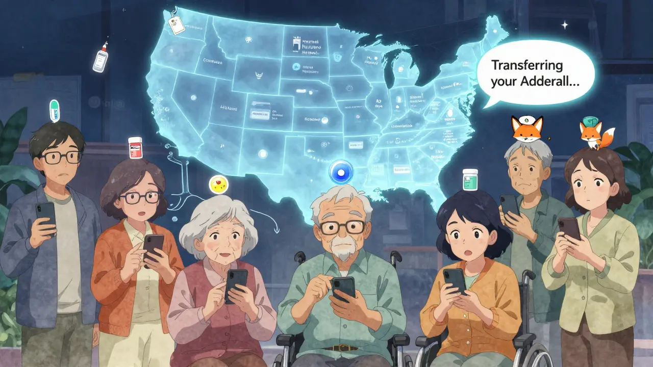 Diverse people with medication icons above their heads, watching a U.S. holographic map showing prescription transfer statuses.