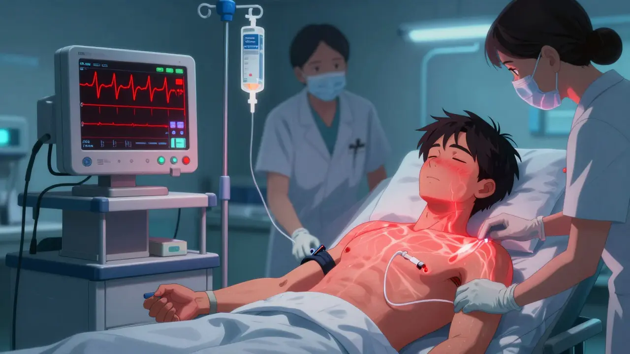 ER team treating overdose patient with ECG showing widened QRS, IV drip, and catheter in place under cold hospital lights.