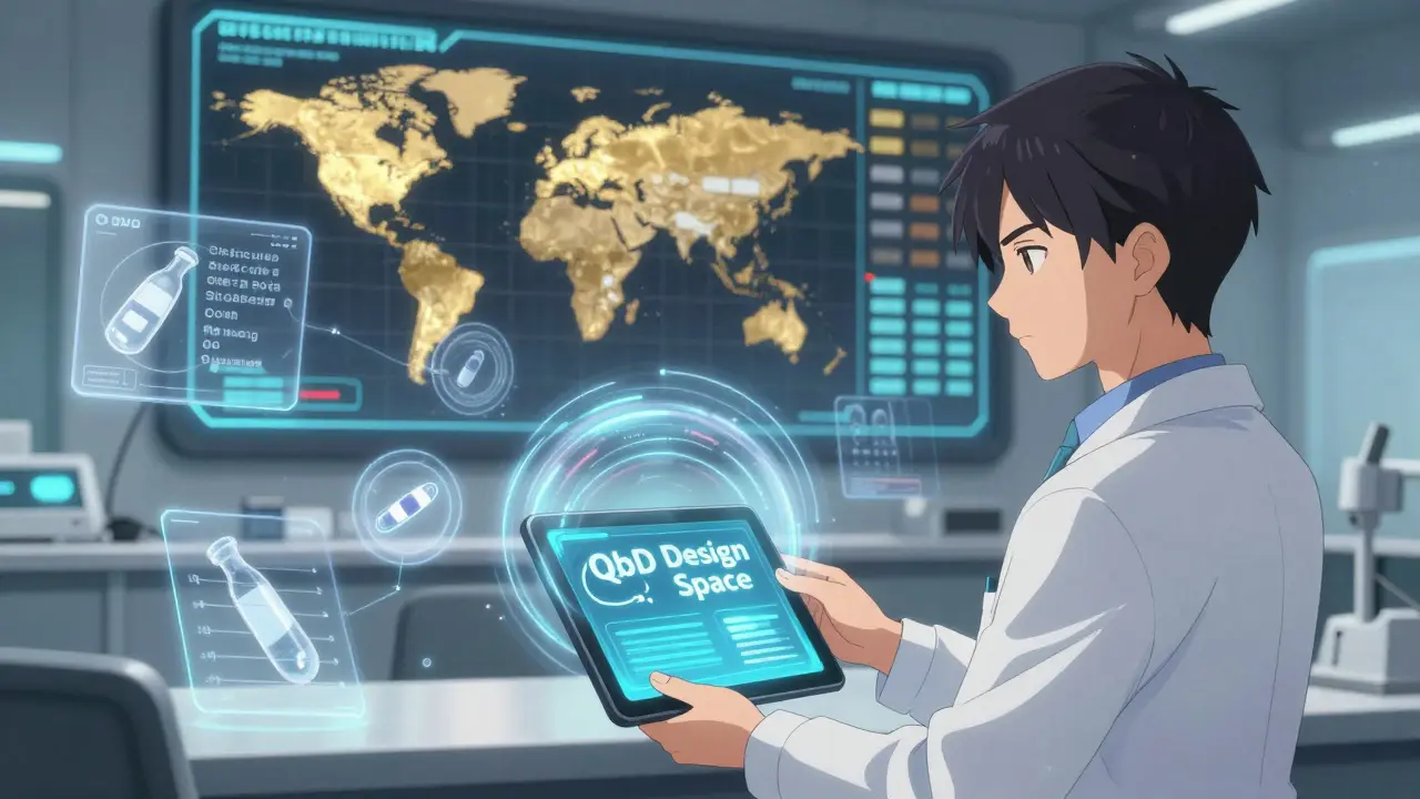 FDA inspector reviewing holographic drug data, engineer handing over a glowing QbD tablet.