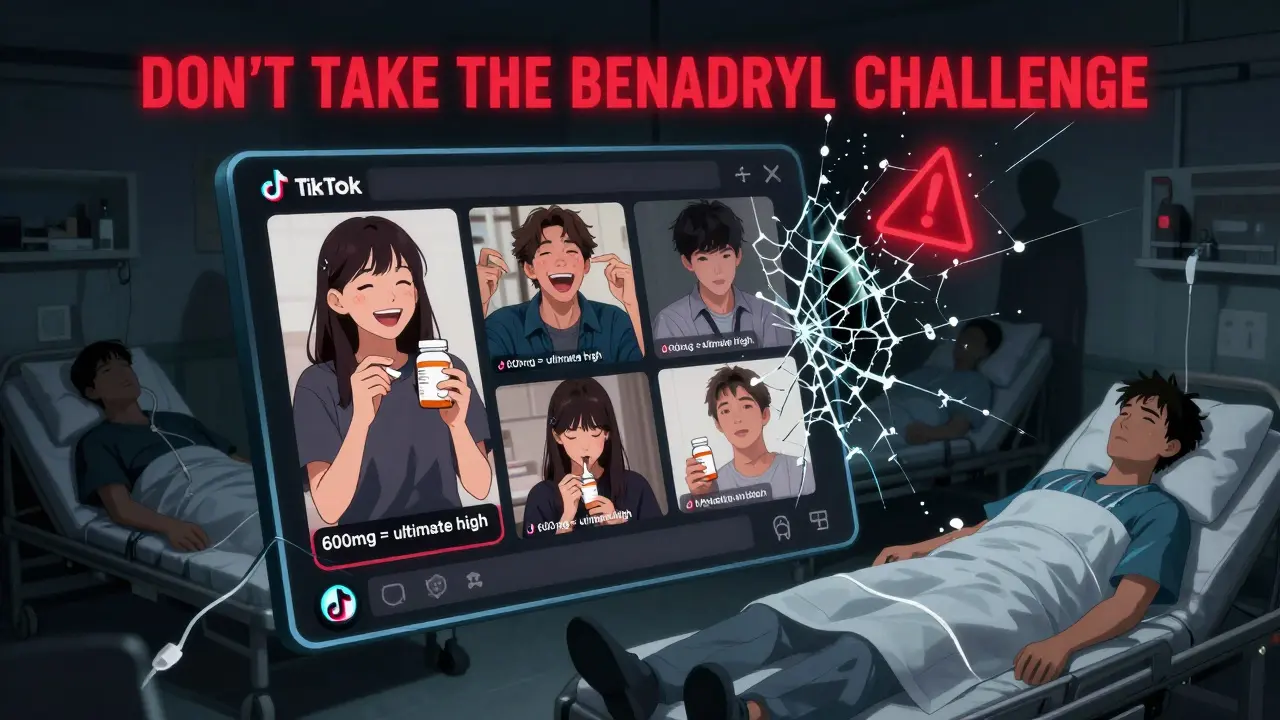 Floating social media screens showing dangerous challenges while shadowy overdose victims lie in ER beds behind them.