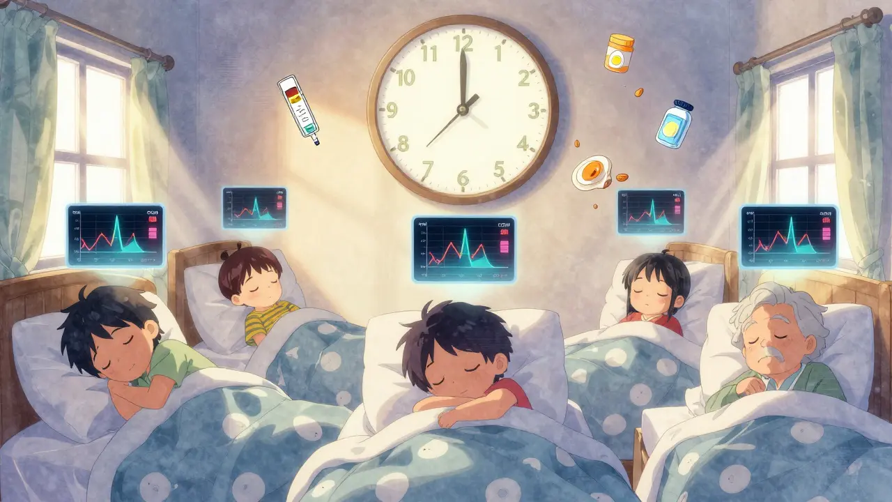 Multiple people sleep as glowing CGM graphs above them show identical dawn phenomenon spikes at 3 a.m.