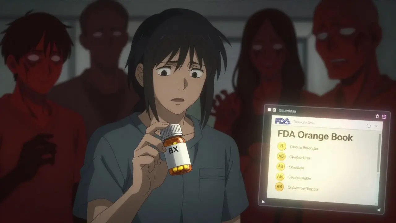 Patient worried beside a BX-rated pill bottle, shadowy drug versions around them, FDA Orange Book glowing with AB ratings in corner.