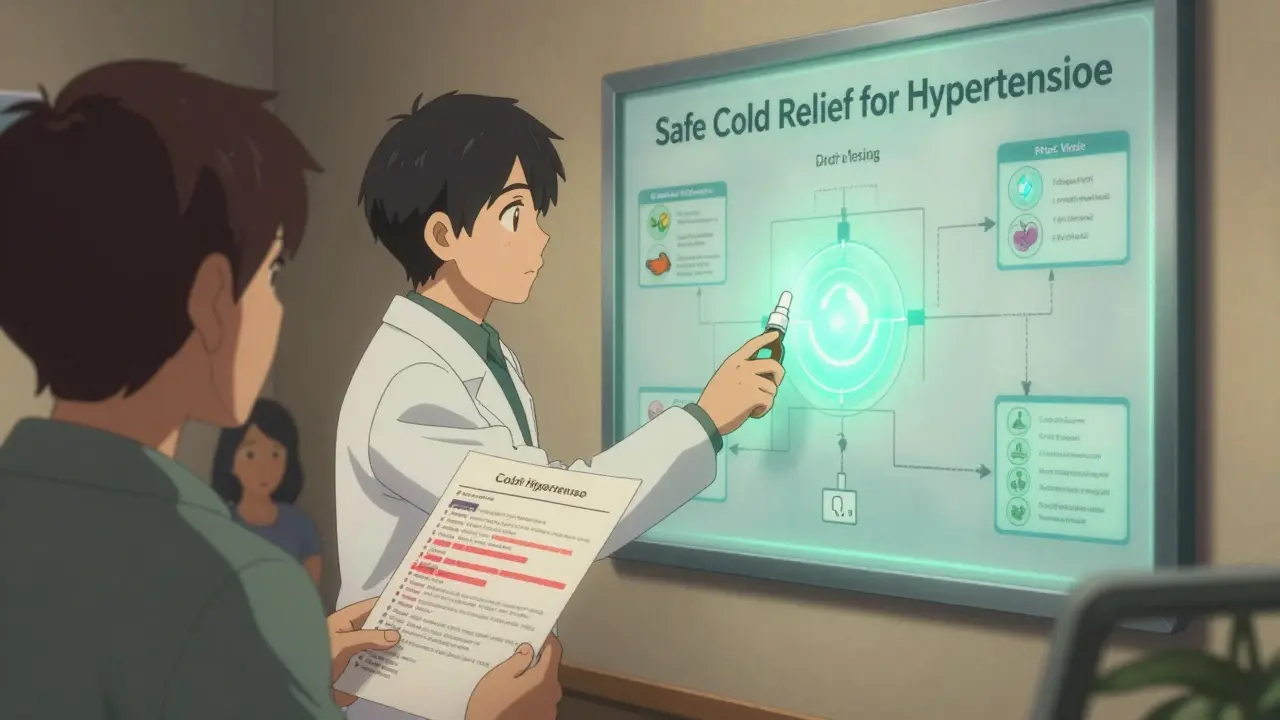 Pharmacist giving saline spray to patient, safety flowchart on wall, medications with red warnings in background.