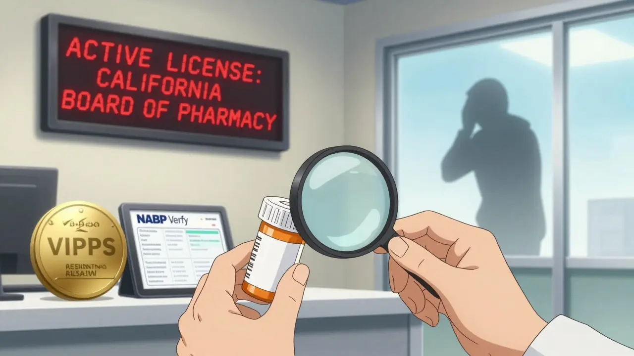 Pharmacist inspecting a bottle with active license and VIPPS seal displayed nearby.