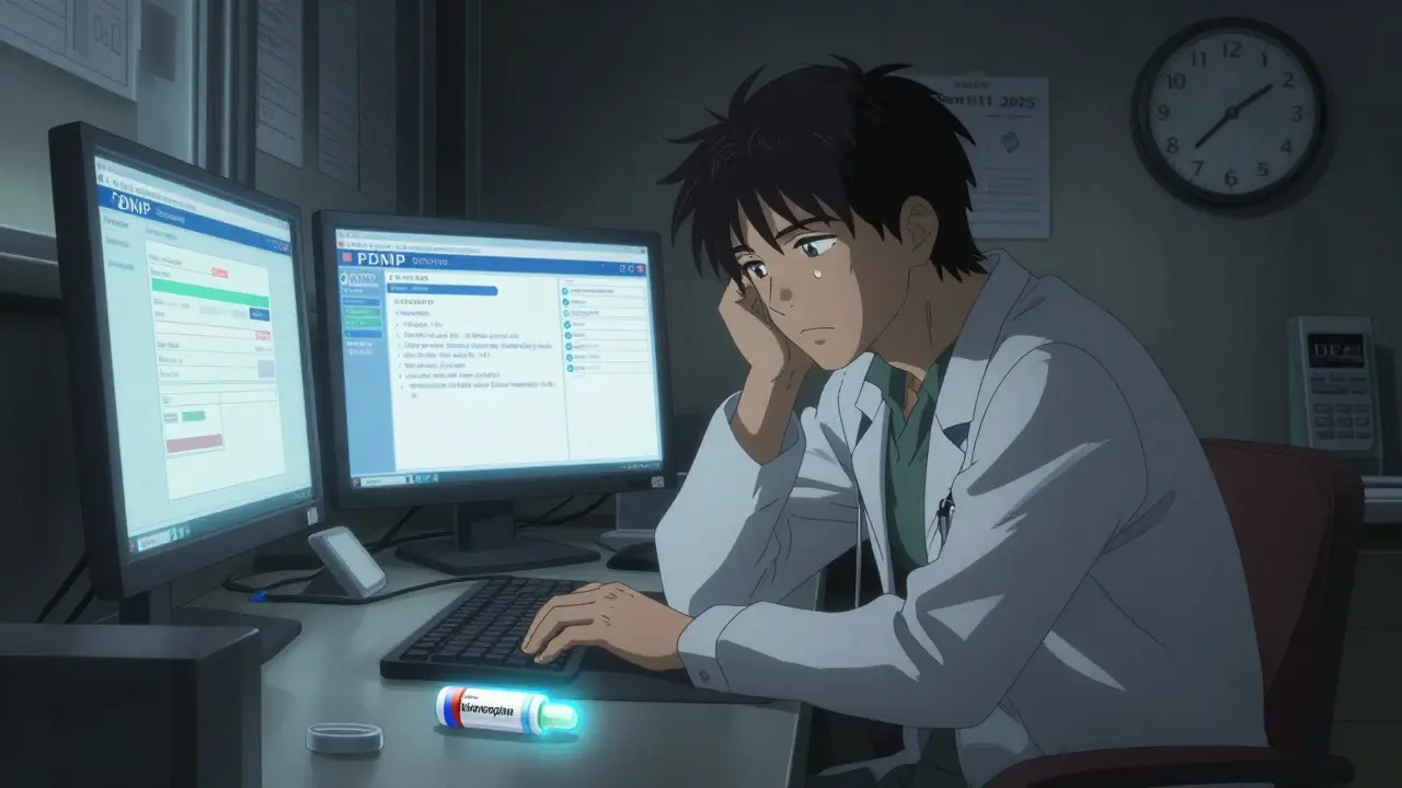 Rural doctor overwhelmed by DEA compliance screens and a ticking clock, surrounded by bureaucratic paperwork.