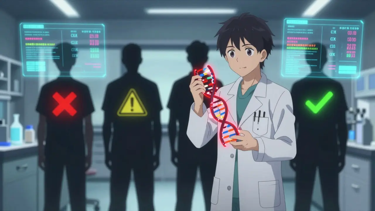 Scientist holding glowing DNA strand with patient silhouettes showing statin risk levels in anime lab setting.