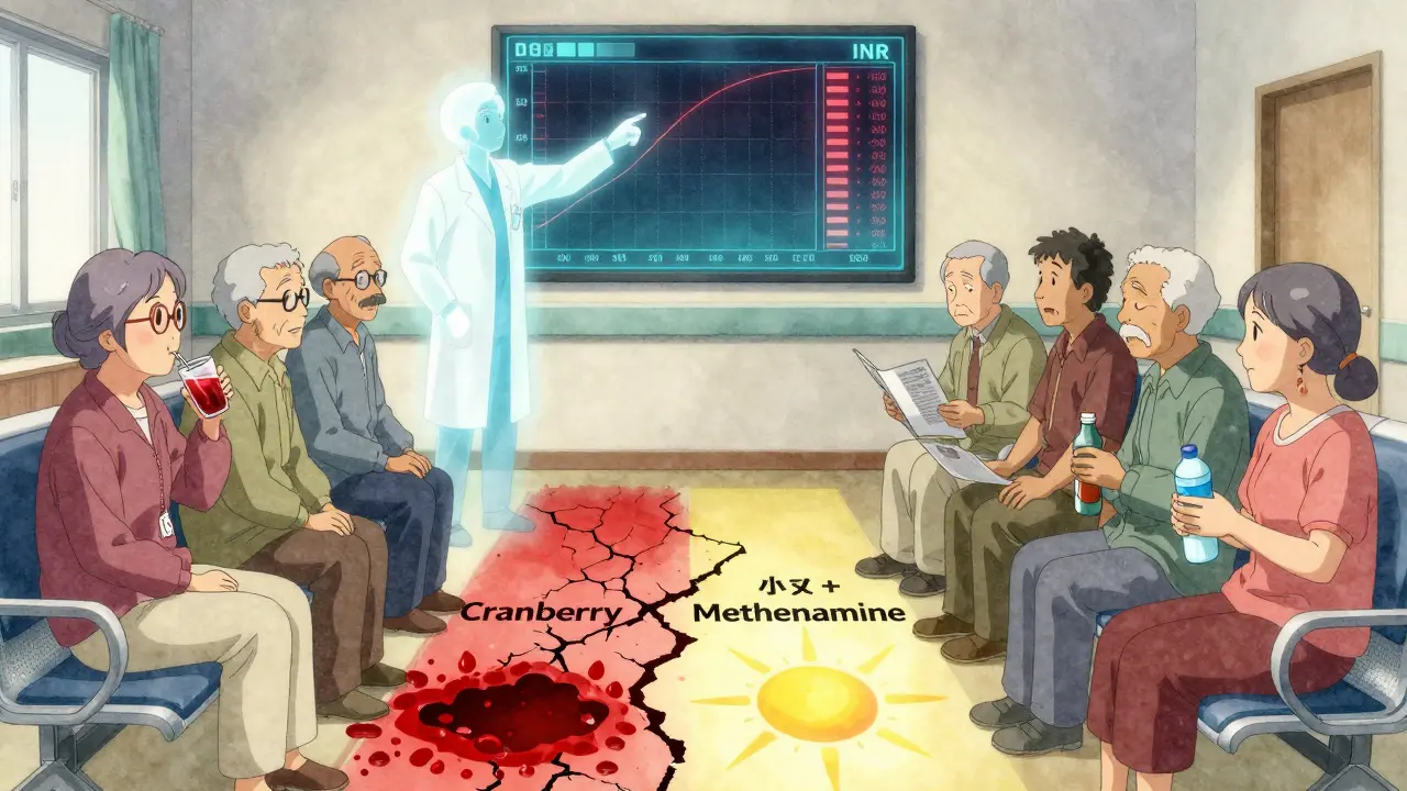 Seniors in a clinic surrounded by floating INR warnings, with one path leading to danger and another to safe alternatives.