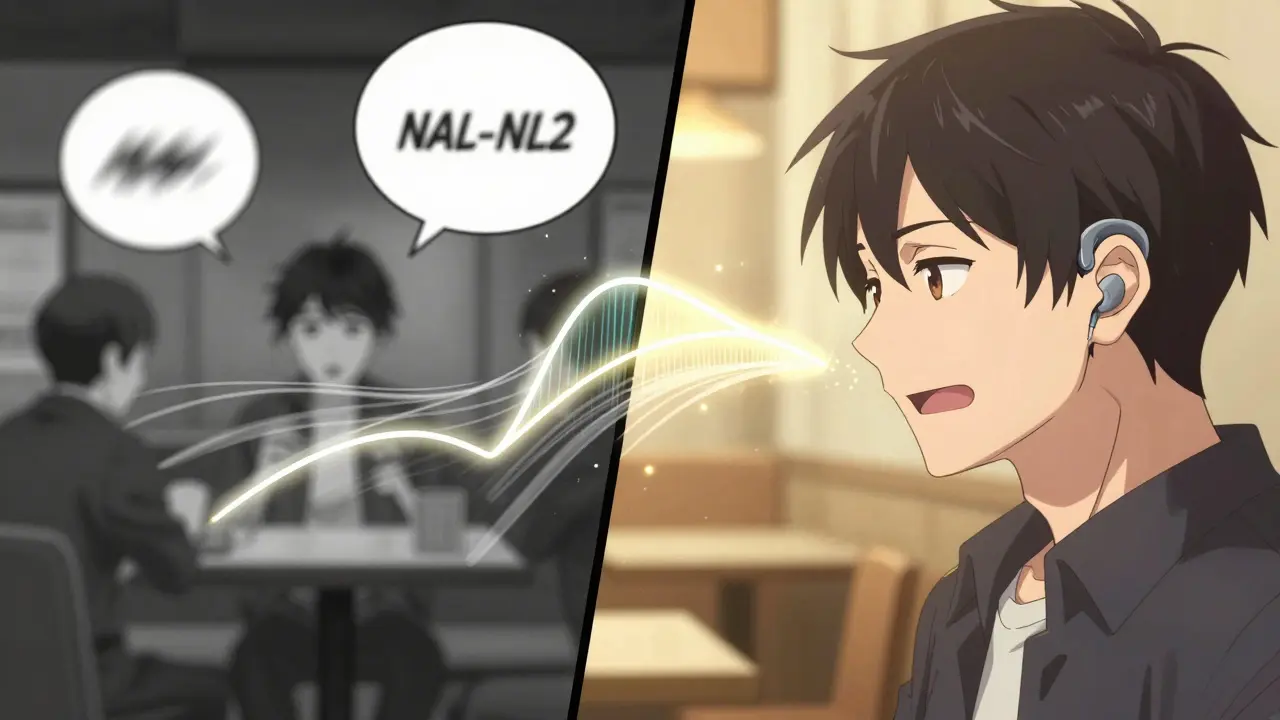 Split scene: frustrated person in noisy restaurant vs. same person hearing clearly with vibrant sound waves.