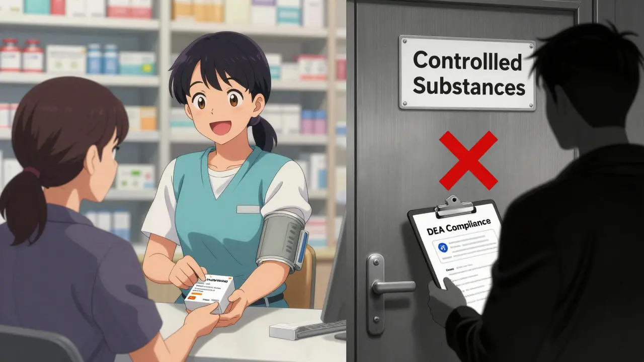 Split scene: happy patient receiving meds vs. locked door labeled 'Controlled Substances' with DEA restrictions.