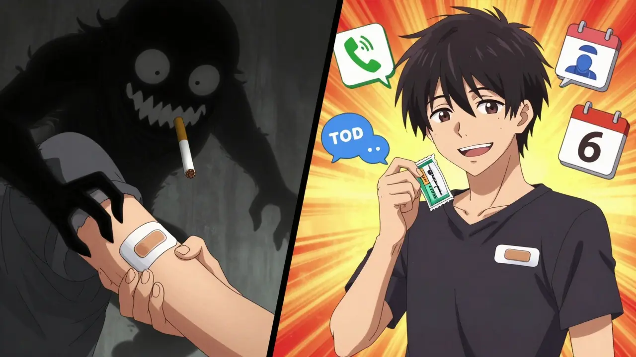 Split scene: one side shows stress with a cigarette monster, the other shows hope with quit support icons.