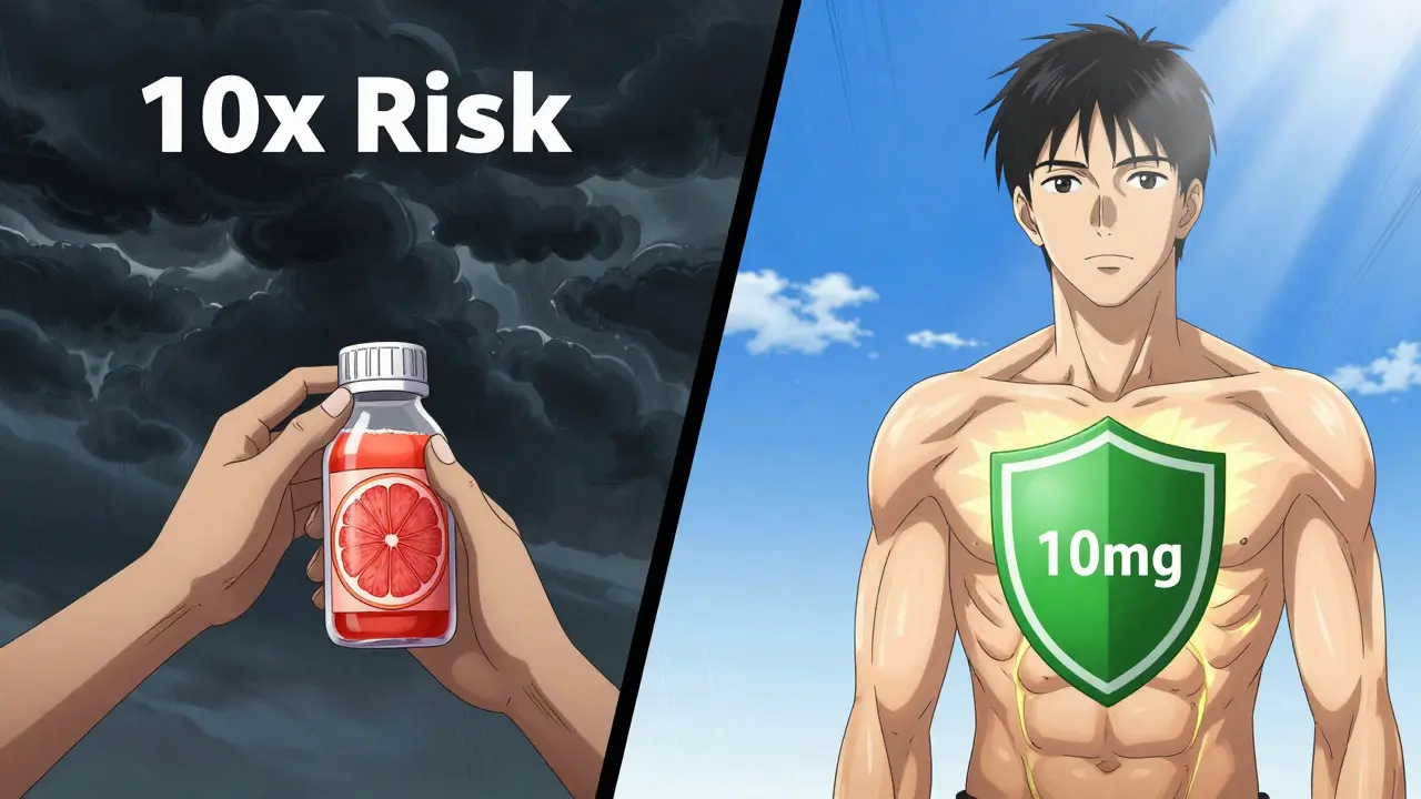 Split scene: patient on risky statin with storm cloud vs. safe statin with sunny sky in anime style.