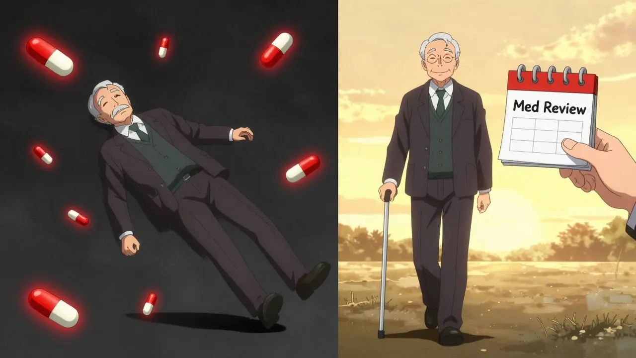 Split scene: senior falling with dangerous pills vs. walking safely after medication review.