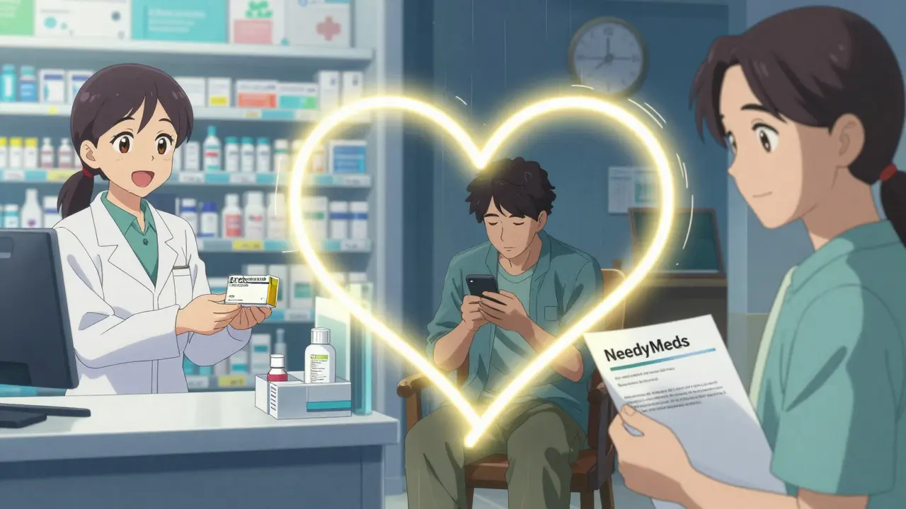 Three patients finding affordable medication options connected by a glowing heart.