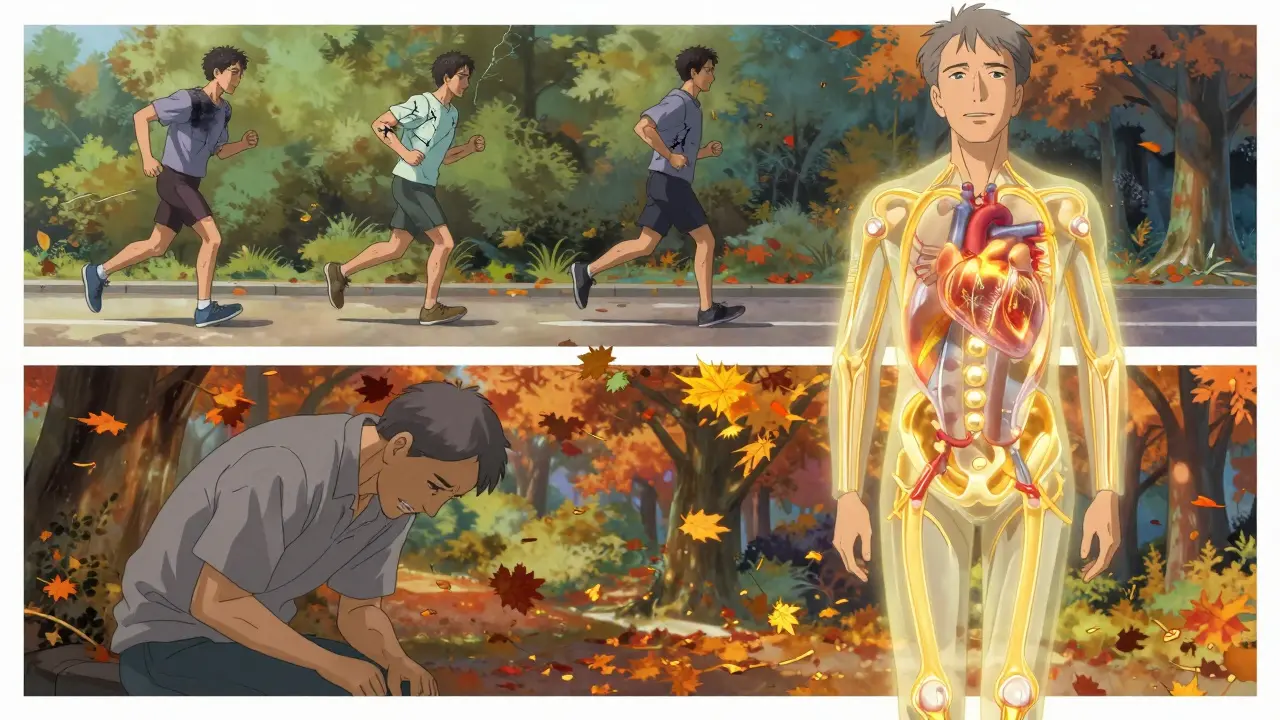 Two parallel life paths showing long-term outcomes of PCI versus CABG, with aging and arterial changes depicted in anime style.