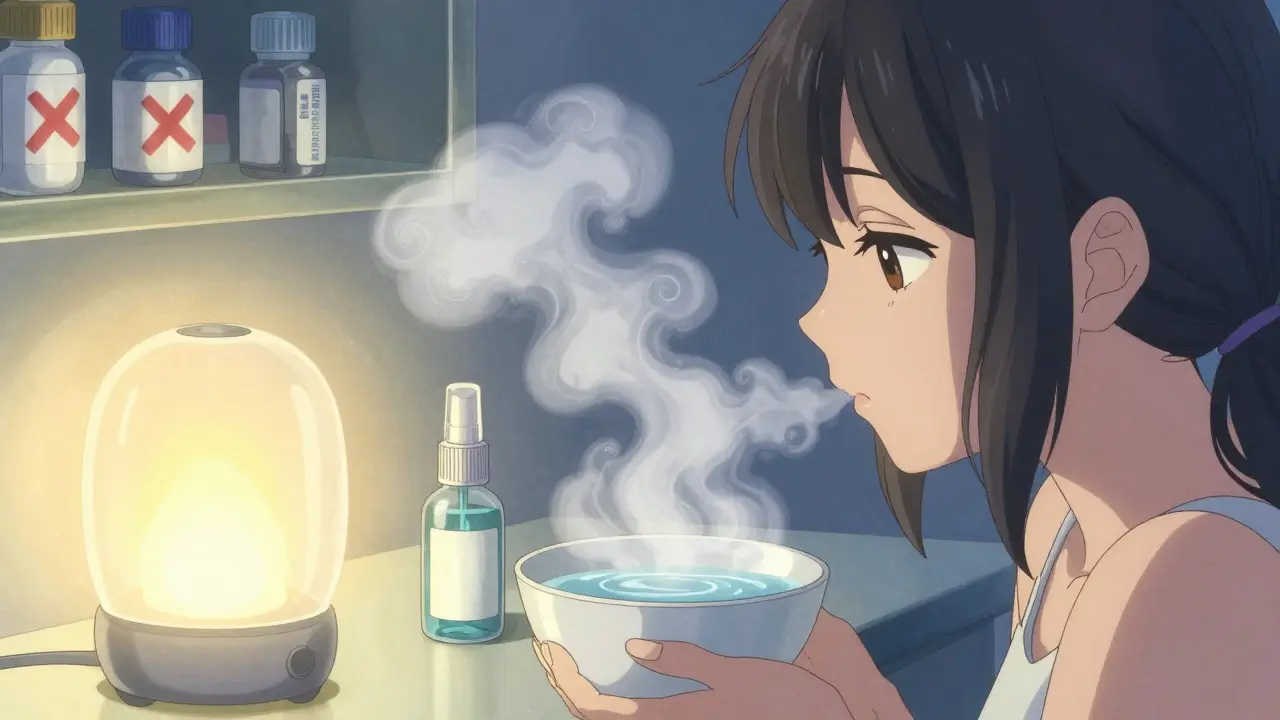 Woman inhaling steam for congestion relief, saline spray and humidifier nearby, warm light and calming steam clouds.